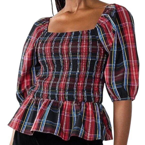 Draper James Tops - Draper James RSVP Plaid Smocked Peplum Top XL Red Tartan Holiday Party Christmas